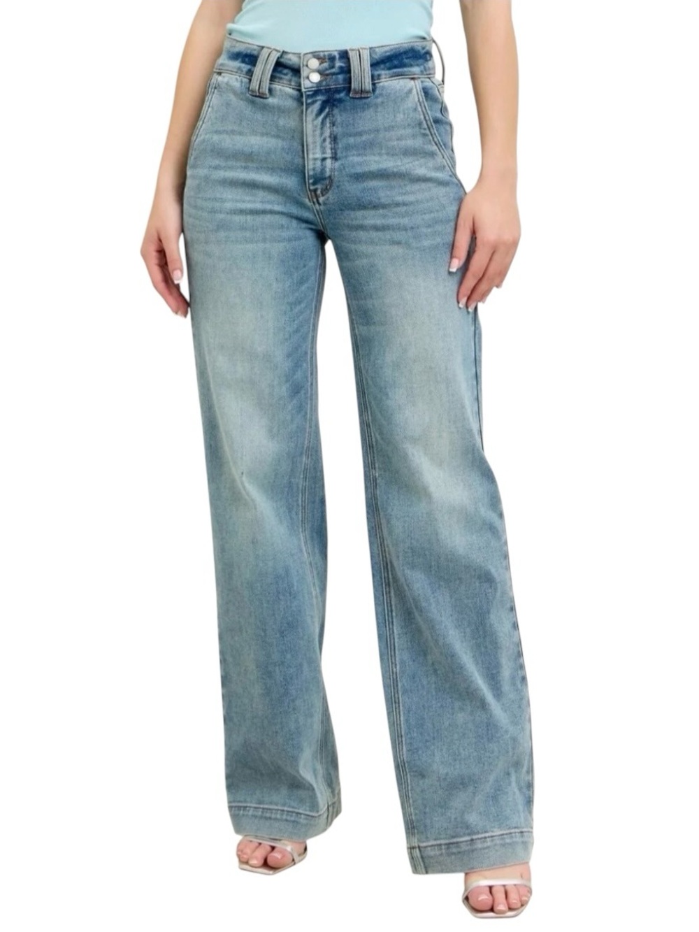 JUDY BLUE High Waist Double Button Wide Leg Light Blue Wash Jeans 9/29